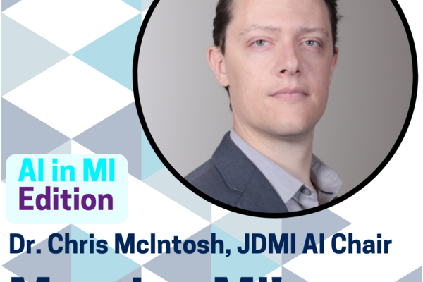 Headshot, Dr. Chris McIntosh with words: AI in MI Edition; Meeting MI