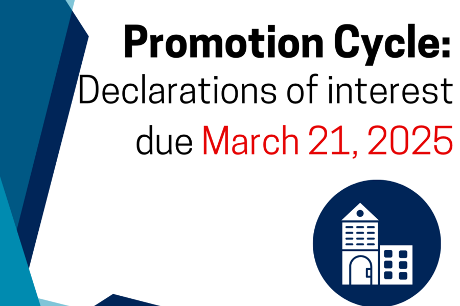 Text: 2025-2026 Senior Promotion Cycle: Declarations of Interest due March 21, 2025 