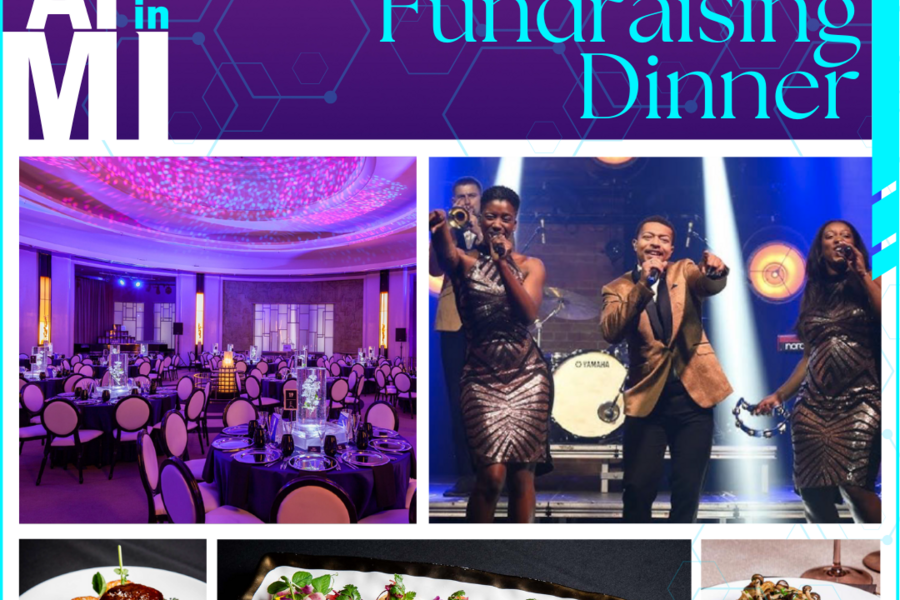 Graphic with picture of The Carlu round room, a live band, and three food dishes