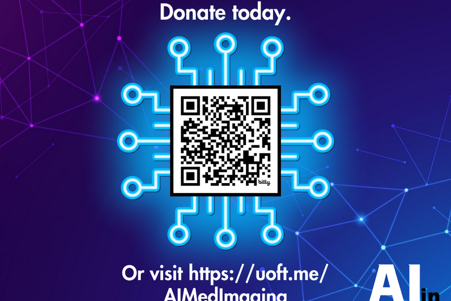 Graphic with text "help support research and education of AI in MI; donate today" with QR code and link to https://uoft.me/AIMedImaging