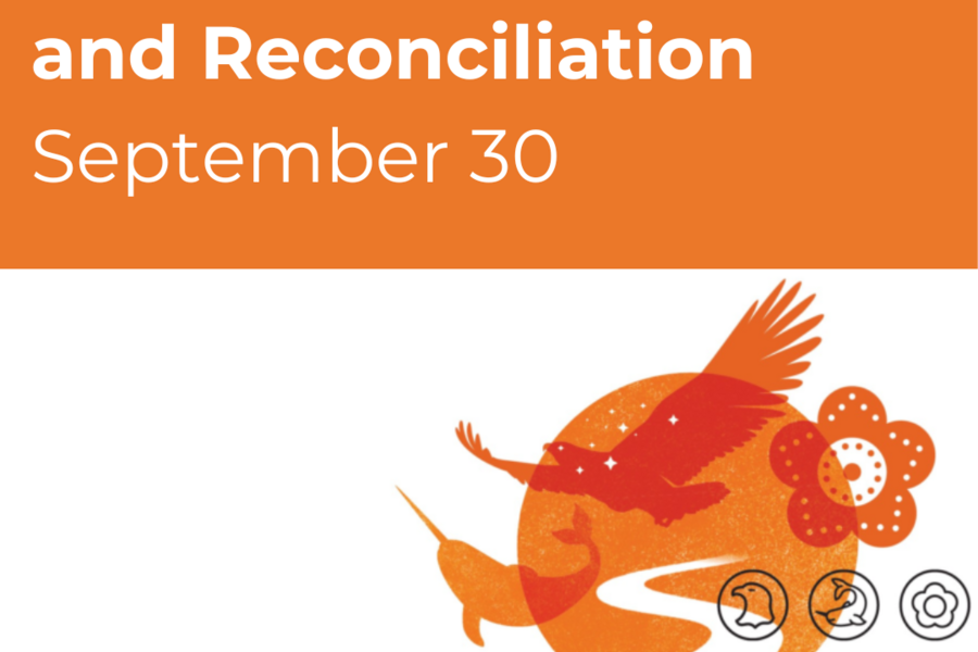 Graphic of an orange circle with an orange bird, narwhal and flower and the words "National Day for Truth and Reconciliation September 30"